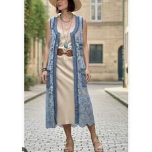 A.Z.I. midi Dress L lace Full Length Vest Denim Lace Sheer Mesh Streetwear Boho